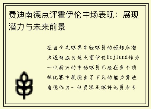 费迪南德点评霍伊伦中场表现:展现潜力与未来前景 费迪南德点评霍伊伦中场表现:展现潜力与未来前景