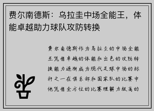 费尔南德斯:乌拉圭中场全能王,体能卓越助力球队攻防转换 费尔南德斯:乌拉圭中场全能王,体能卓越助力球队攻防转换